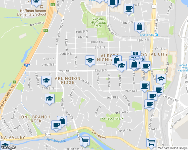 map of restaurants, bars, coffee shops, grocery stores, and more near 2315 South Inge Street in Arlington