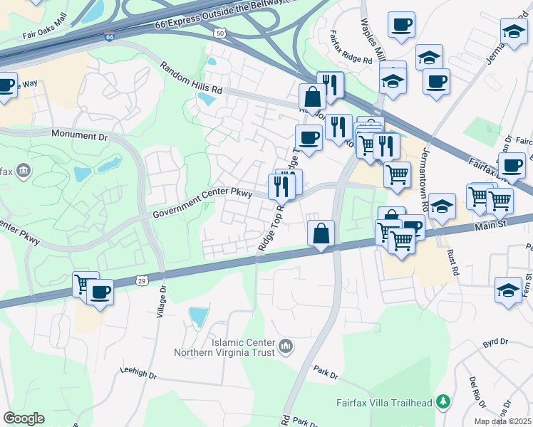map of restaurants, bars, coffee shops, grocery stores, and more near 11445 Fogarty Court in Fairfax