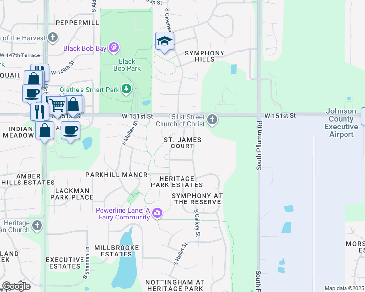 map of restaurants, bars, coffee shops, grocery stores, and more near 15183 South Greenwood Street in Olathe