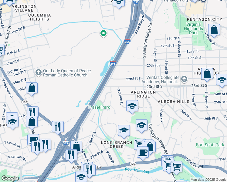 map of restaurants, bars, coffee shops, grocery stores, and more near 2309 South Queen Street in Arlington