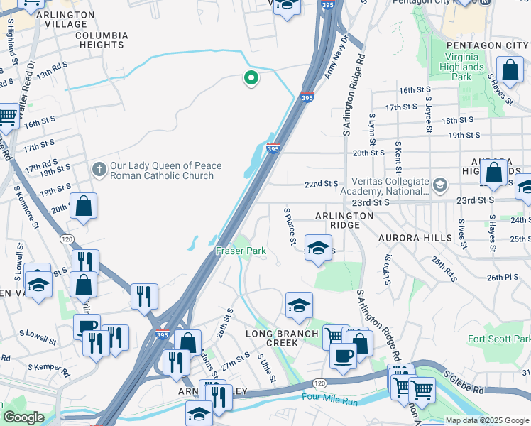map of restaurants, bars, coffee shops, grocery stores, and more near 2300 South Rolfe Street in Arlington