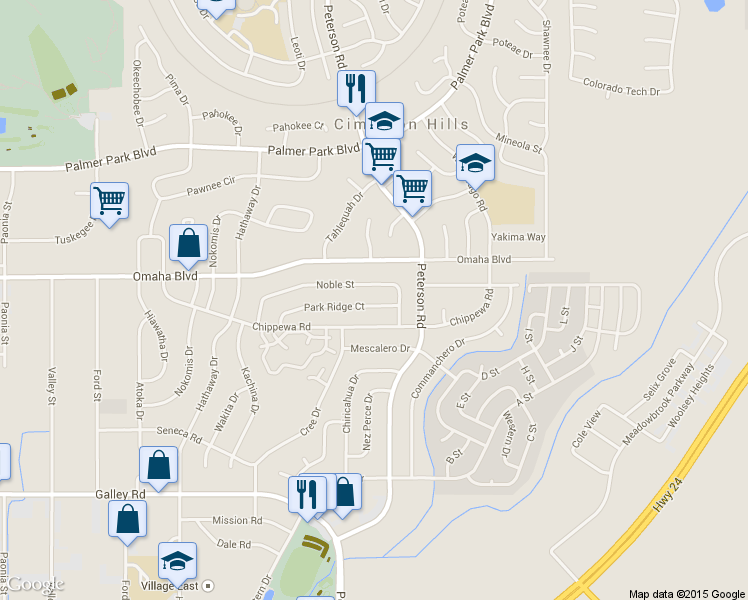 map of restaurants, bars, coffee shops, grocery stores, and more near 6851 Noble Street in Colorado Springs