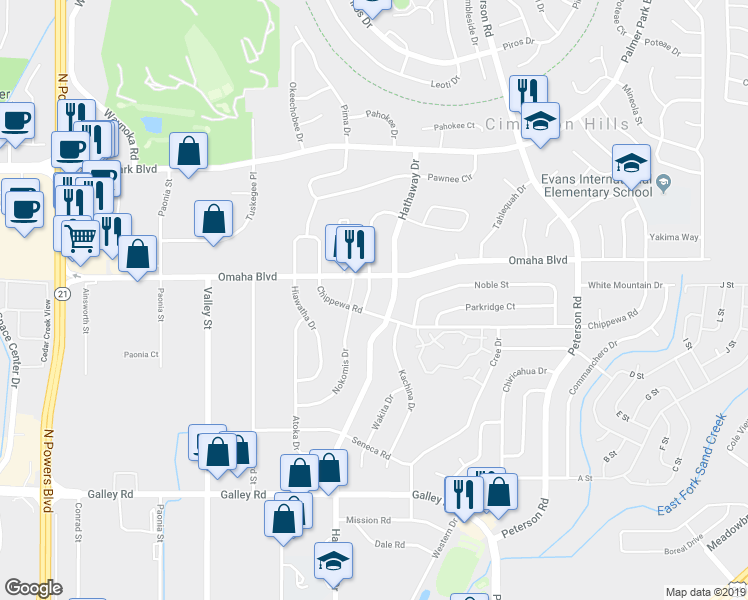 map of restaurants, bars, coffee shops, grocery stores, and more near 1466 Hathaway Drive in Colorado Springs