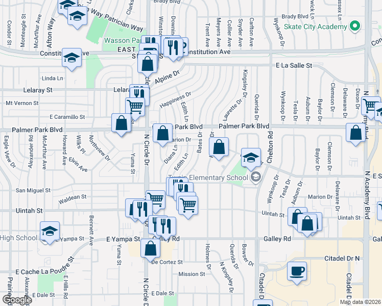 map of restaurants, bars, coffee shops, grocery stores, and more near 1361 Edith Lane in Colorado Springs
