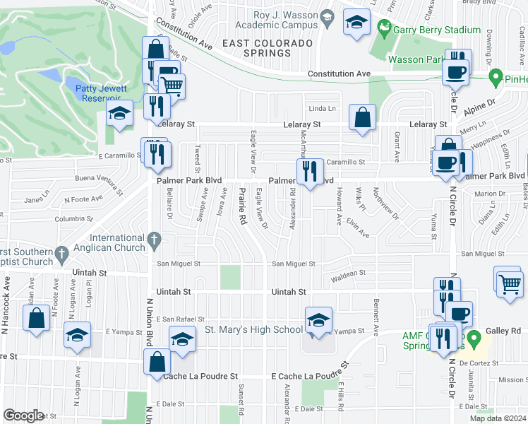 map of restaurants, bars, coffee shops, grocery stores, and more near 1420 Monteagle Street in Colorado Springs