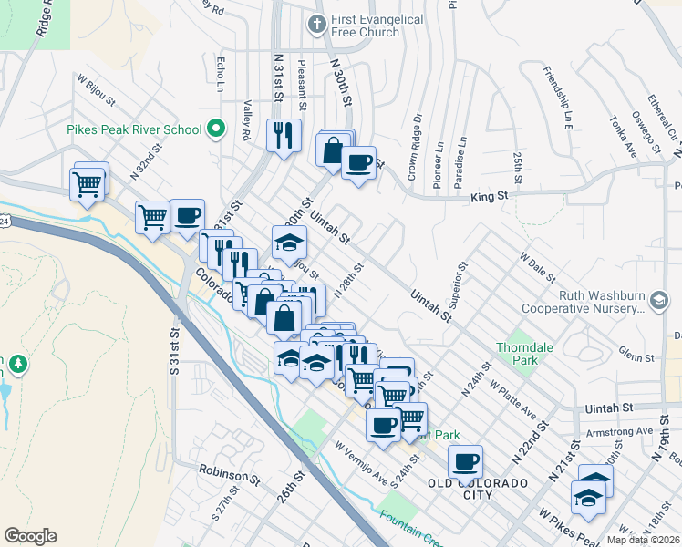 map of restaurants, bars, coffee shops, grocery stores, and more near 2811 West Platte Avenue in Colorado Springs