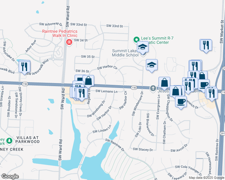 map of restaurants, bars, coffee shops, grocery stores, and more near 708 Southwest Lemans Lane in Lee's Summit