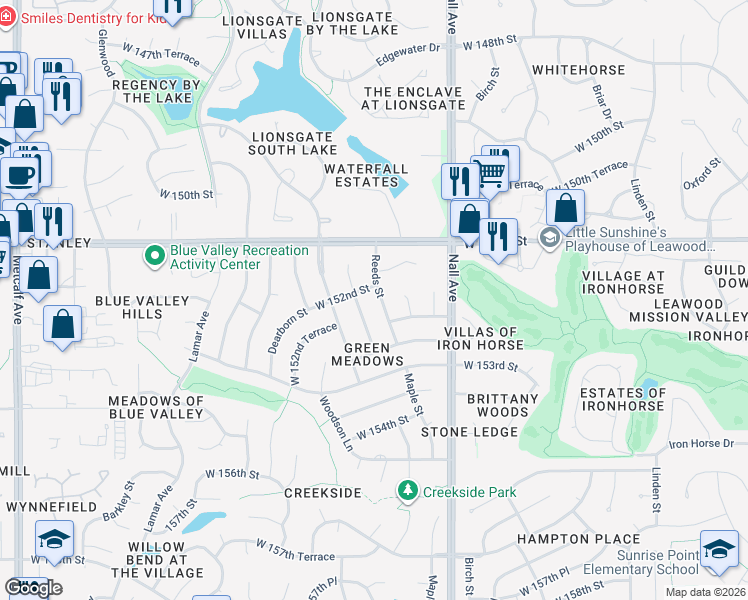 map of restaurants, bars, coffee shops, grocery stores, and more near 15201 Outlook Street in Overland Park