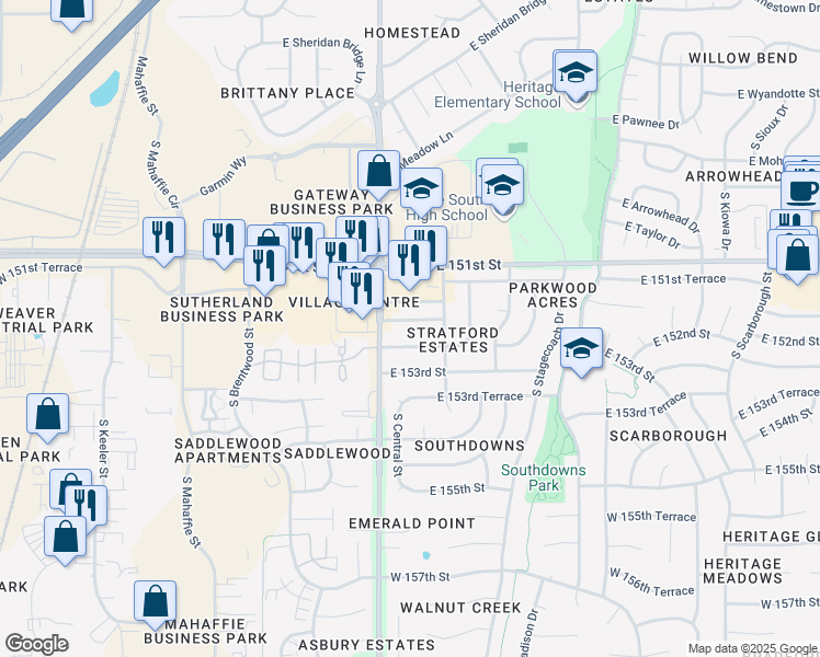 map of restaurants, bars, coffee shops, grocery stores, and more near 1320 East 152nd Street in Olathe