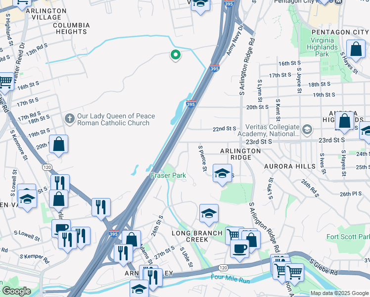 map of restaurants, bars, coffee shops, grocery stores, and more near 2300 South Rolfe Street in Arlington