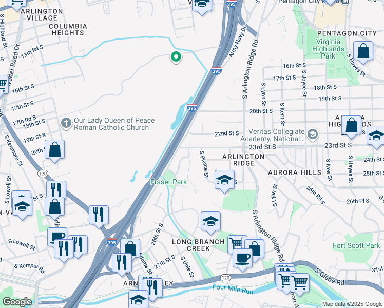 map of restaurants, bars, coffee shops, grocery stores, and more near 2309 South Queen Street in Arlington