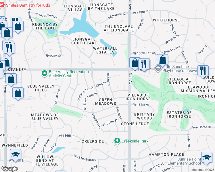 map of restaurants, bars, coffee shops, grocery stores, and more near 15201 Outlook Street in Overland Park