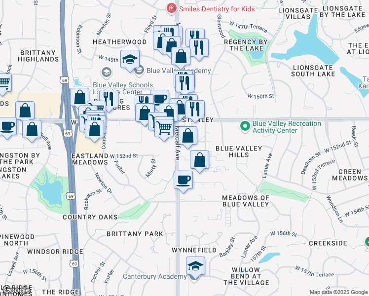 map of restaurants, bars, coffee shops, grocery stores, and more near 6927 West 151st Terrace in Overland Park