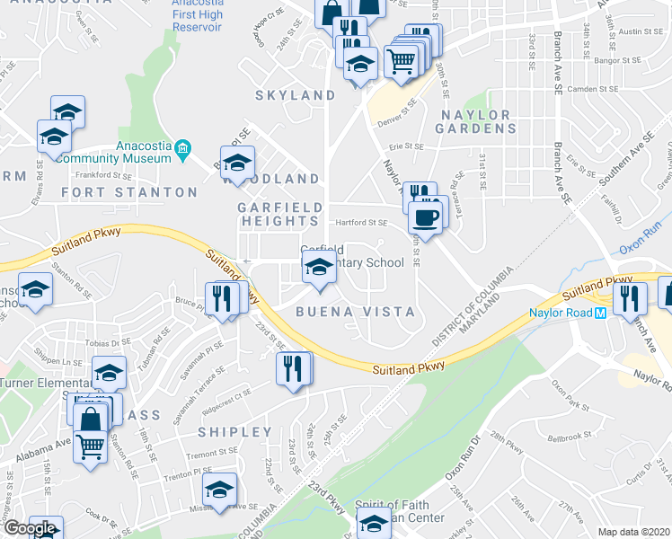 map of restaurants, bars, coffee shops, grocery stores, and more near 2616 Jasper Street Southeast in Washington