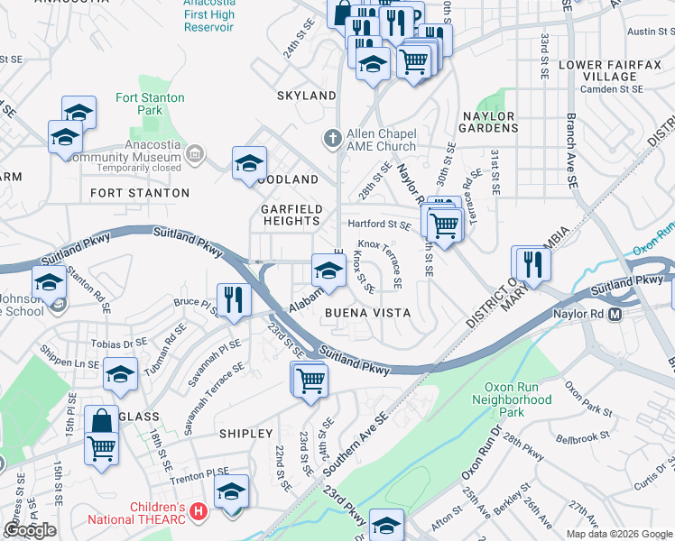 map of restaurants, bars, coffee shops, grocery stores, and more near Alabama Avenue Southeast & Jasper Street Southeast in Washington