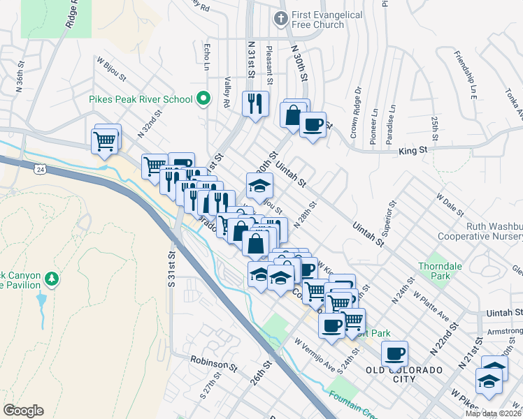 map of restaurants, bars, coffee shops, grocery stores, and more near 2904 West Kiowa Street in Colorado Springs