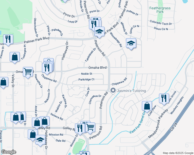 map of restaurants, bars, coffee shops, grocery stores, and more near 6851 Noble Street in Colorado Springs