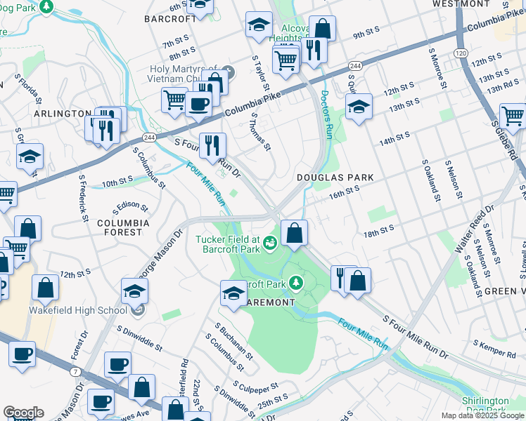 map of restaurants, bars, coffee shops, grocery stores, and more near 4400 South Four Mile Run Drive in Arlington