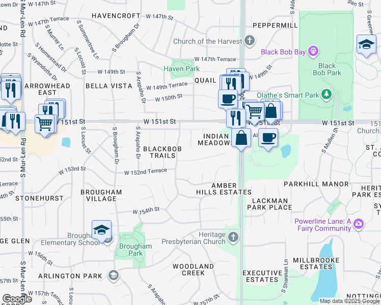 map of restaurants, bars, coffee shops, grocery stores, and more near 15129 South Kaw Drive in Olathe