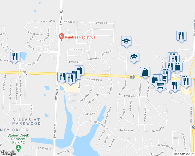 map of restaurants, bars, coffee shops, grocery stores, and more near 708 Southwest Lemans Lane in Lee's Summit