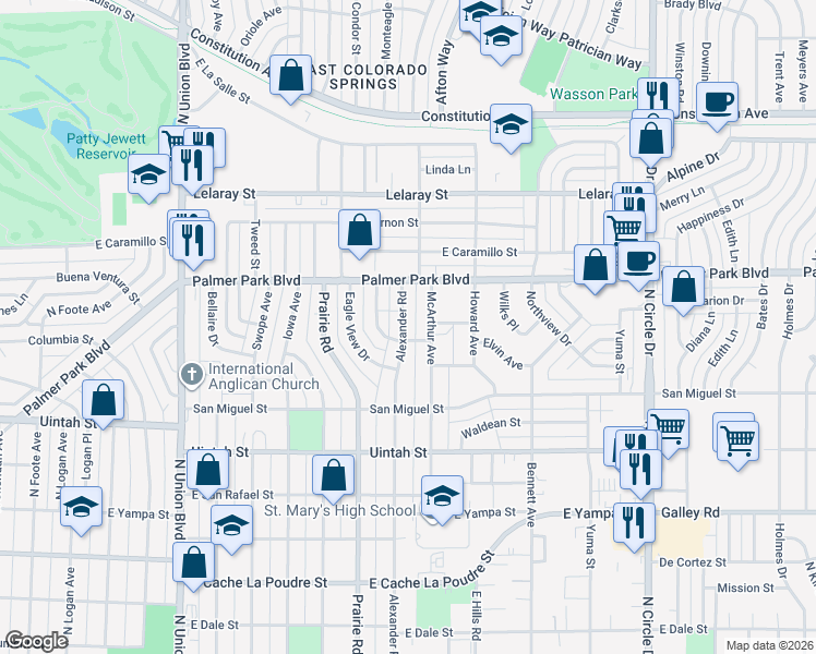 map of restaurants, bars, coffee shops, grocery stores, and more near 1411 Alexander Road in Colorado Springs