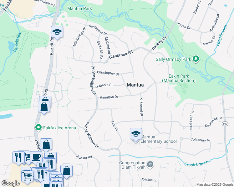 map of restaurants, bars, coffee shops, grocery stores, and more near 9118 Hamilton Drive in Fairfax