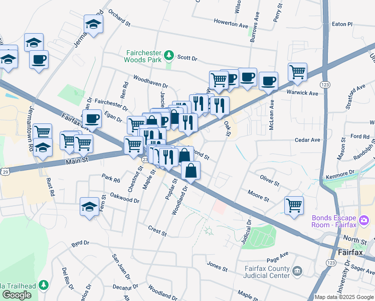 map of restaurants, bars, coffee shops, grocery stores, and more near 10829 Second Street in Fairfax
