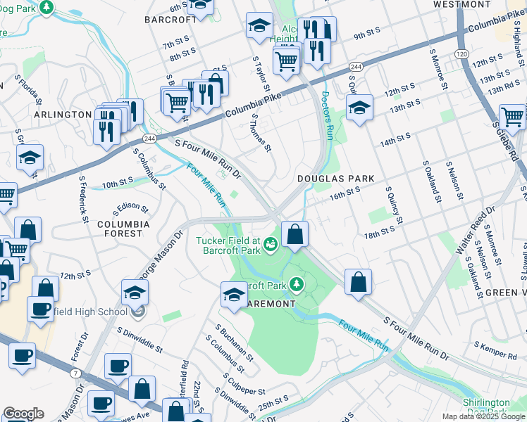 map of restaurants, bars, coffee shops, grocery stores, and more near 4400 South Four Mile Run Drive in Arlington