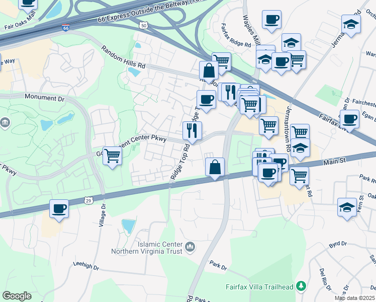 map of restaurants, bars, coffee shops, grocery stores, and more near 4205 Ridge Top Road in Fairfax