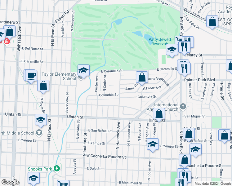 map of restaurants, bars, coffee shops, grocery stores, and more near 1120 Columbia Street in Colorado Springs