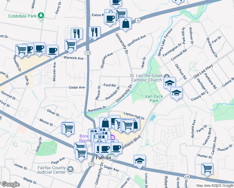 map of restaurants, bars, coffee shops, grocery stores, and more near 3707 Randolph St in Fairfax