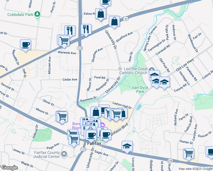 map of restaurants, bars, coffee shops, grocery stores, and more near 3707 Randolph St in Fairfax