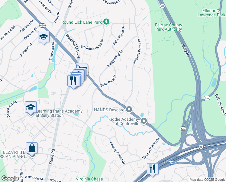 map of restaurants, bars, coffee shops, grocery stores, and more near 14410 Coachway Drive in Centreville