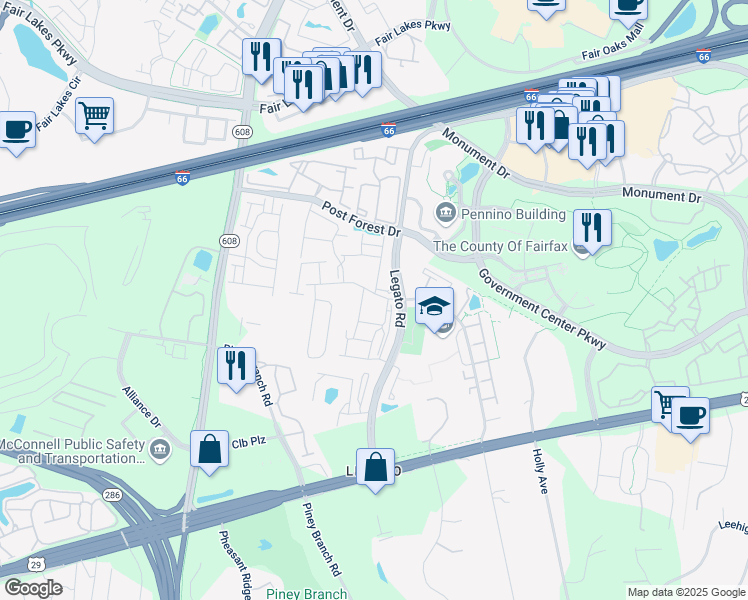 map of restaurants, bars, coffee shops, grocery stores, and more near 12103 Ruffin Drive in Fairfax
