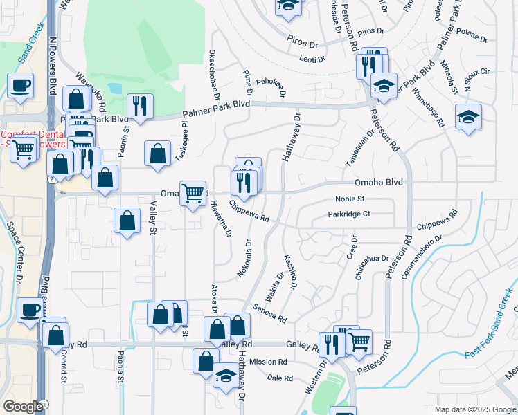 map of restaurants, bars, coffee shops, grocery stores, and more near 1450 Nokomis Drive in Colorado Springs