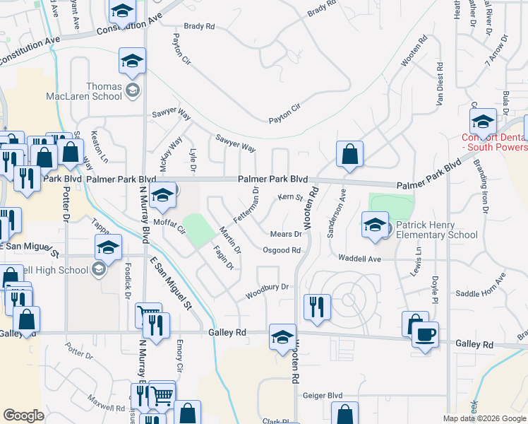 map of restaurants, bars, coffee shops, grocery stores, and more near 1318 Kern Street in Colorado Springs