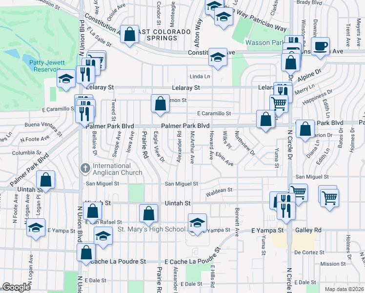 map of restaurants, bars, coffee shops, grocery stores, and more near 1411 Alexander Road in Colorado Springs