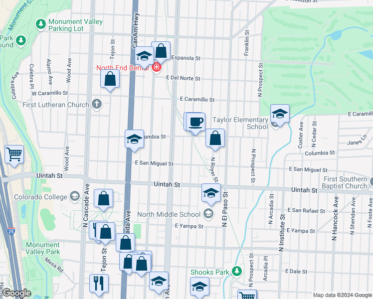 map of restaurants, bars, coffee shops, grocery stores, and more near 1332 North Corona Street in Colorado Springs