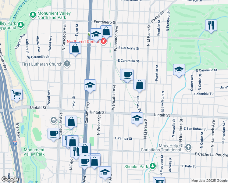 map of restaurants, bars, coffee shops, grocery stores, and more near 1333 North Wahsatch Avenue in Colorado Springs