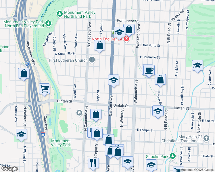 map of restaurants, bars, coffee shops, grocery stores, and more near 1328 North Nevada Avenue in Colorado Springs