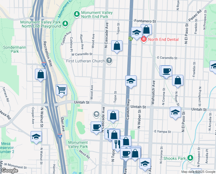map of restaurants, bars, coffee shops, grocery stores, and more near 1324 North Tejon Street in Colorado Springs