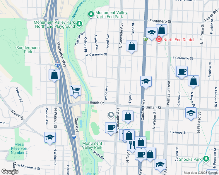 map of restaurants, bars, coffee shops, grocery stores, and more near 1321 Wood Avenue in Colorado Springs