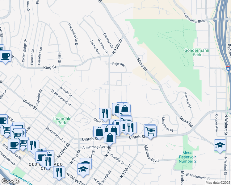 map of restaurants, bars, coffee shops, grocery stores, and more near 930 North 18th Street in Colorado Springs