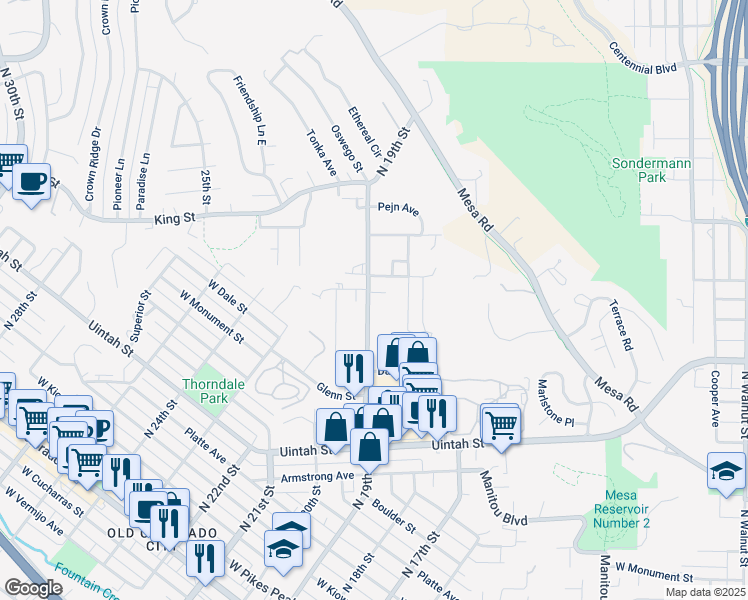 map of restaurants, bars, coffee shops, grocery stores, and more near 1903 West Yampa Street in Colorado Springs