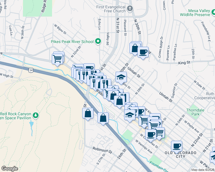 map of restaurants, bars, coffee shops, grocery stores, and more near 3008 West Pikes Peak Avenue in Colorado Springs