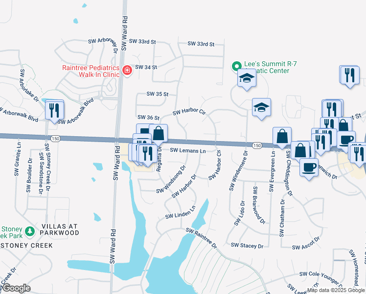 map of restaurants, bars, coffee shops, grocery stores, and more near 732 Southwest Lemans Lane in Lee's Summit