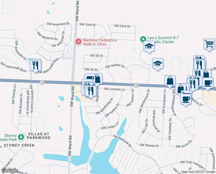 map of restaurants, bars, coffee shops, grocery stores, and more near 732 Southwest Lemans Lane in Lee's Summit