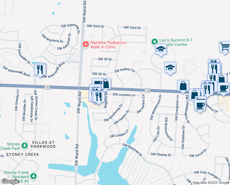 map of restaurants, bars, coffee shops, grocery stores, and more near 732 Southwest Lemans Lane in Lee's Summit