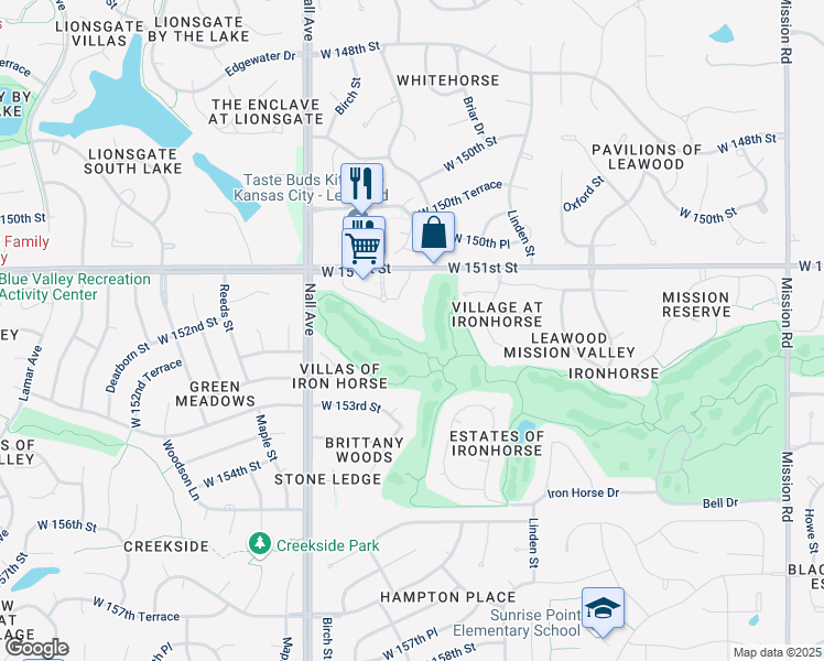 map of restaurants, bars, coffee shops, grocery stores, and more near 15141 Rosewood Drive in Overland Park