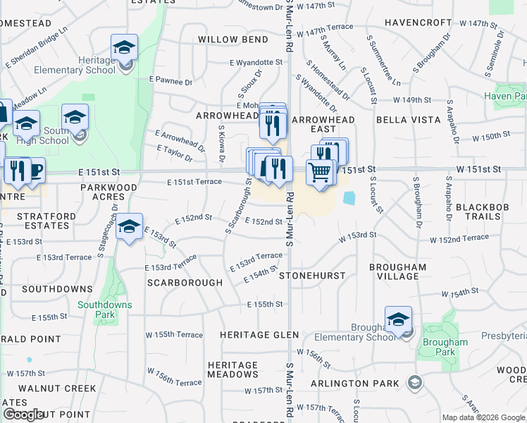map of restaurants, bars, coffee shops, grocery stores, and more near 2131 East 151st Terrace in Olathe
